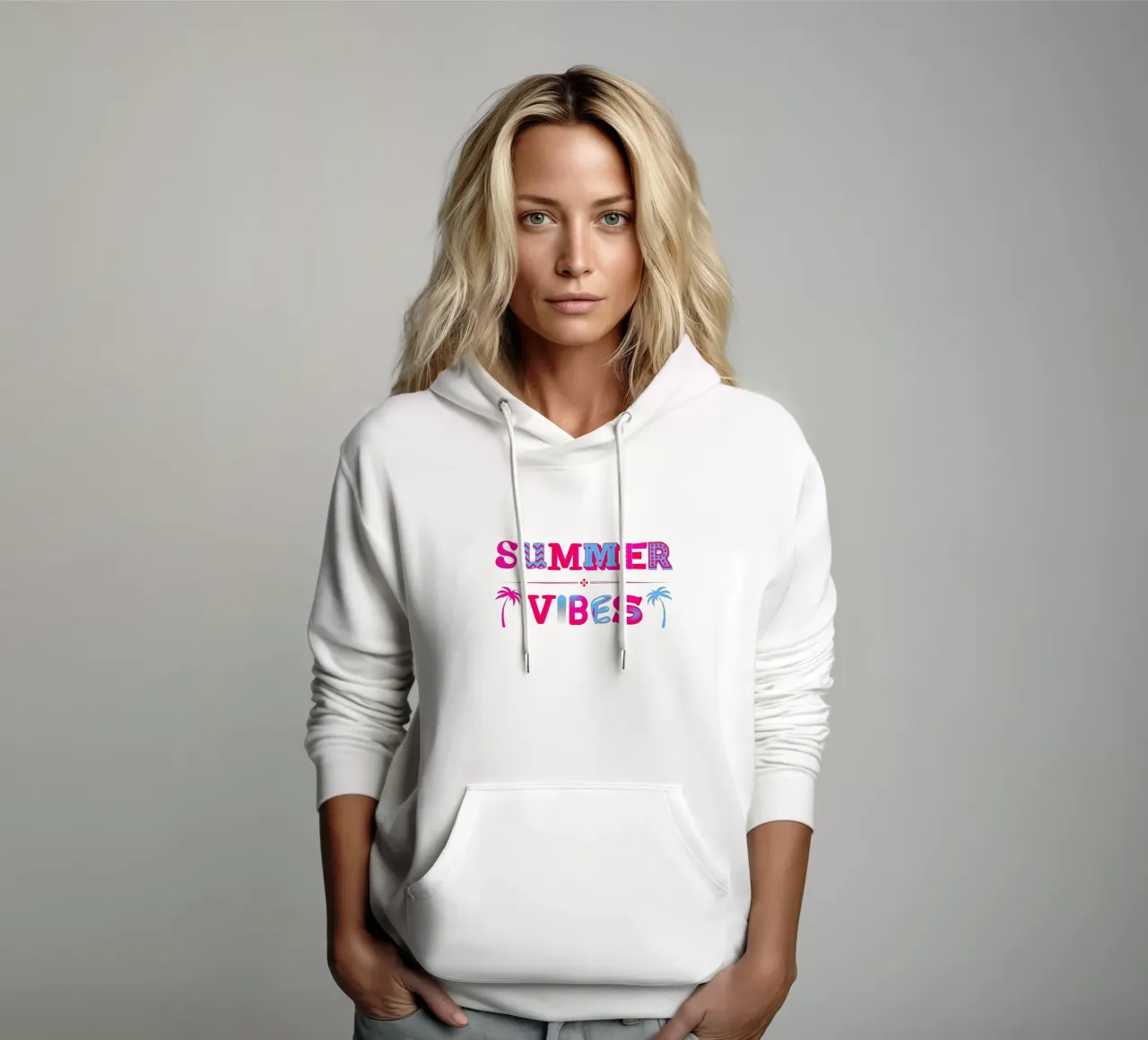 Scritta Summer vibes con palme in rosa blu felpa con cappuccio da ArtDesign by KBK