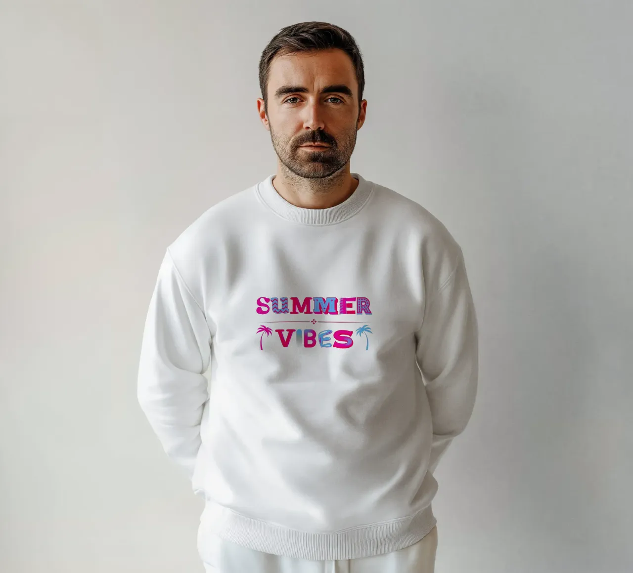 Summer Vibes Schriftzug mit Palmen in pink blau Sweatshirt von ArtDesign by KBK