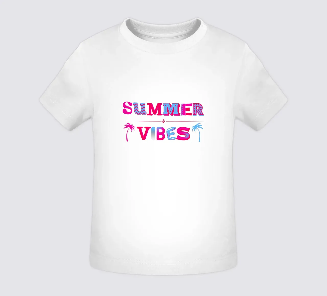 Scritta Summer vibes con palme in rosa blu maglietta neonato da ArtDesign by KBK