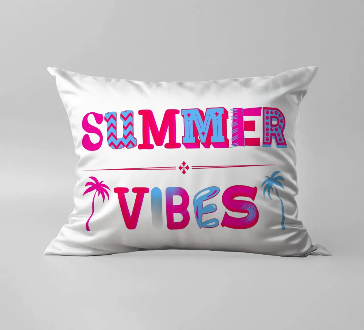 Letras veraniegas con palmeras en azul rosado cojín de ArtDesign by KBK