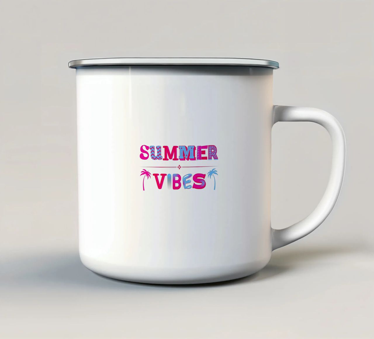 Scritta Summer vibes con palme in rosa blu tazza in smalto da ArtDesign by KBK