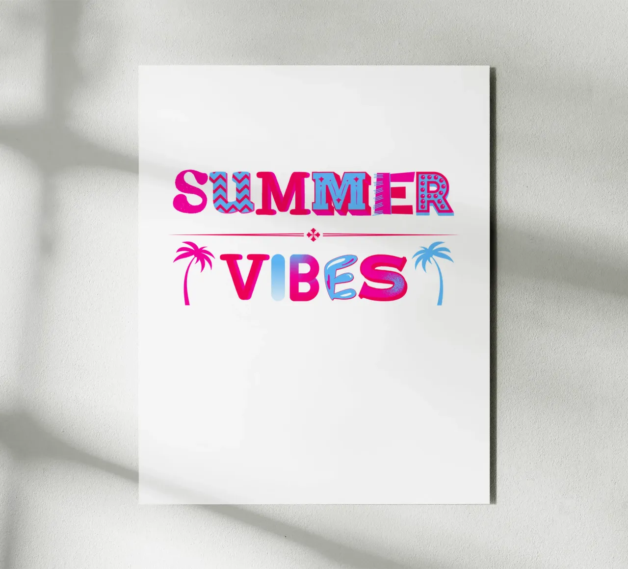 Scritta Summer vibes con palme in rosa blu alluminio dibond da ArtDesign by KBK