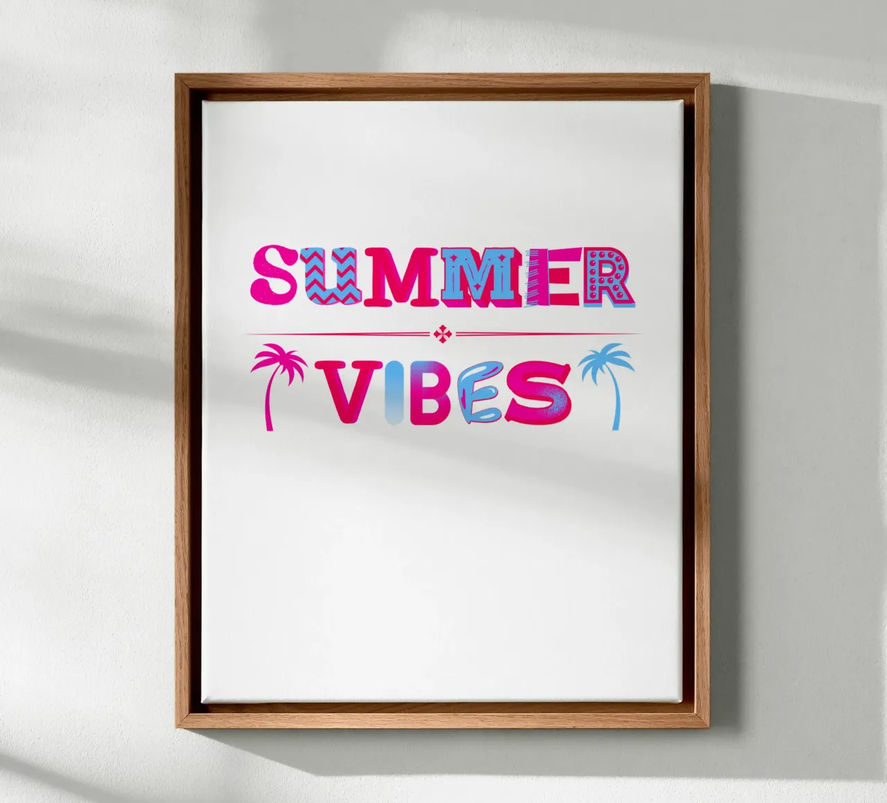 Scritta Summer vibes con palme in rosa blu tela da ArtDesign by KBK