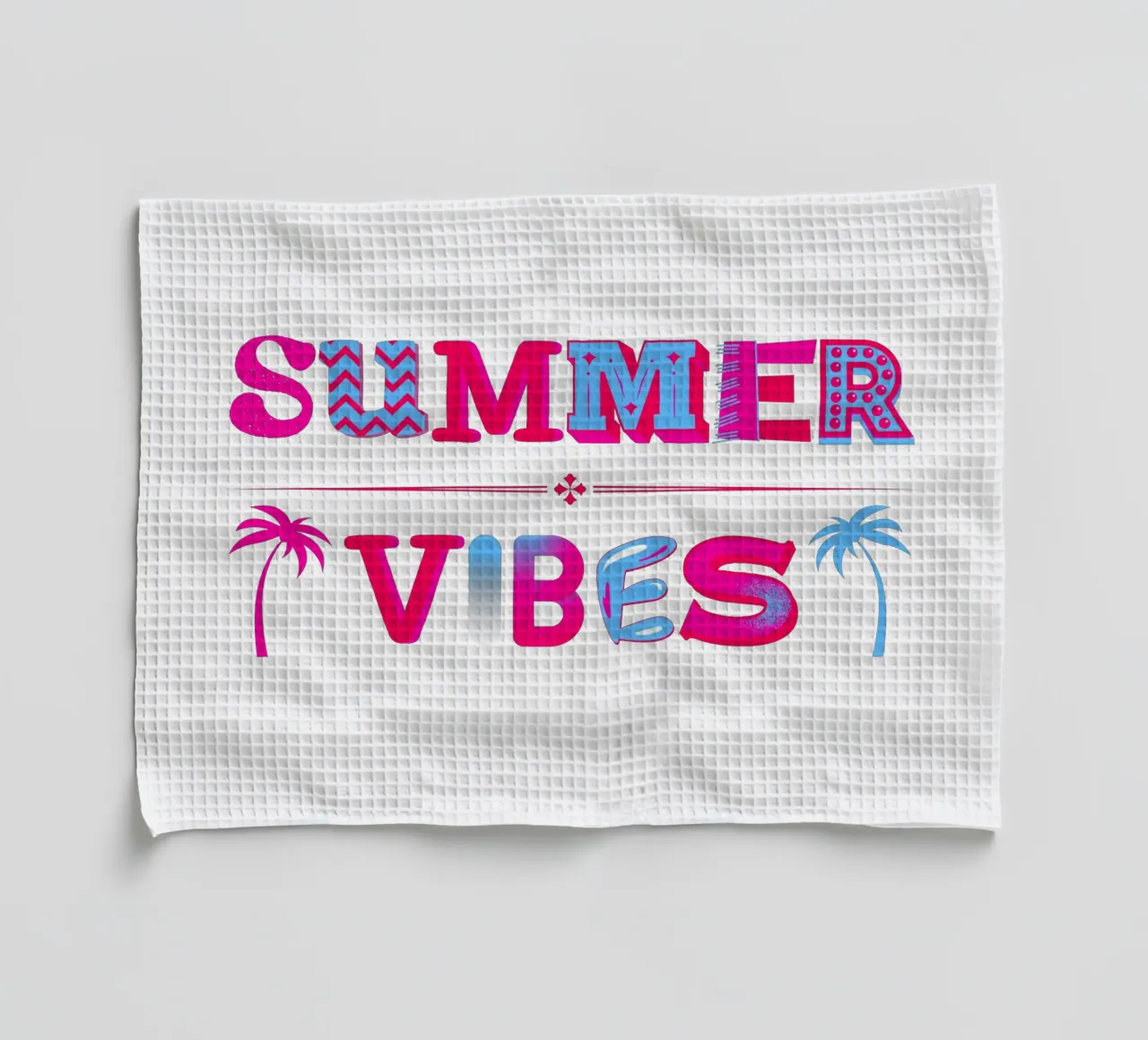 Scritta Summer vibes con palme in rosa blu canovaccio da cucina da ArtDesign by KBK