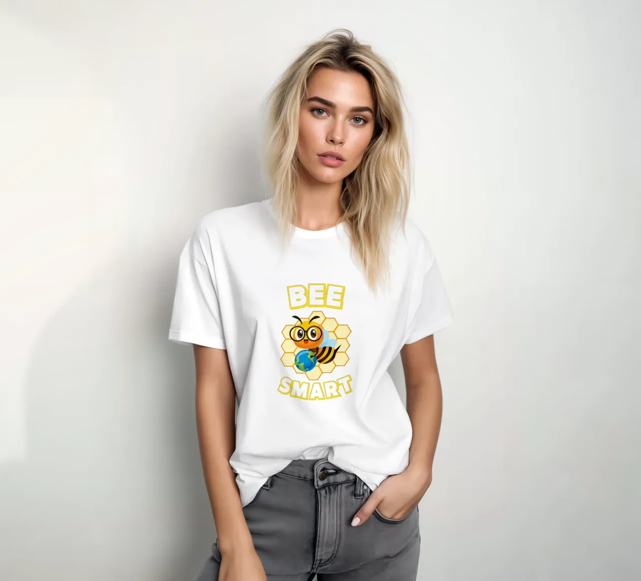 Ape con occhiali e mappamondo davanti a un favo giallo t-shirt da ArtDesign by KBK