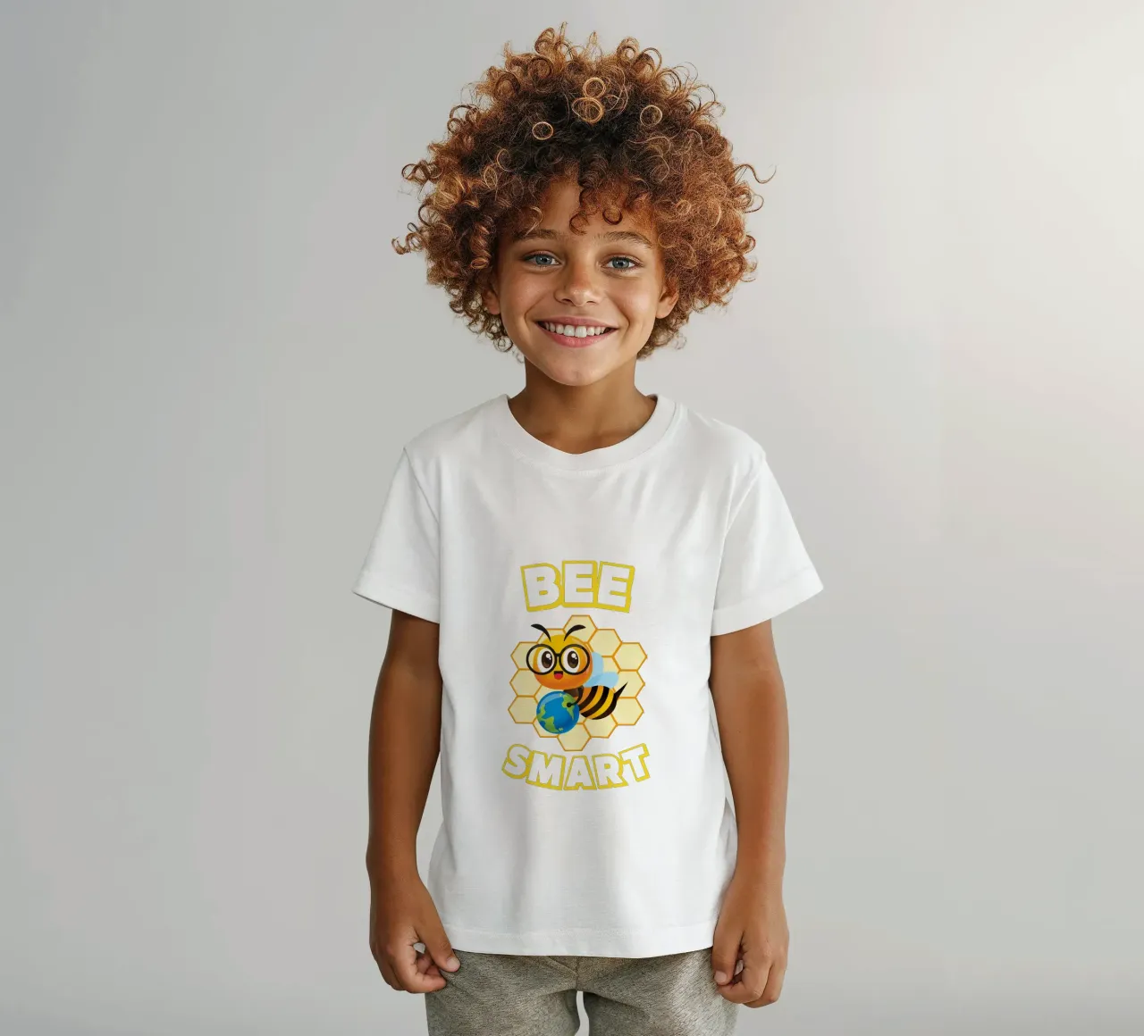 Bee with glasses and globe in front of yellow honeycomb kids t-shirt by ArtDesign by KBK