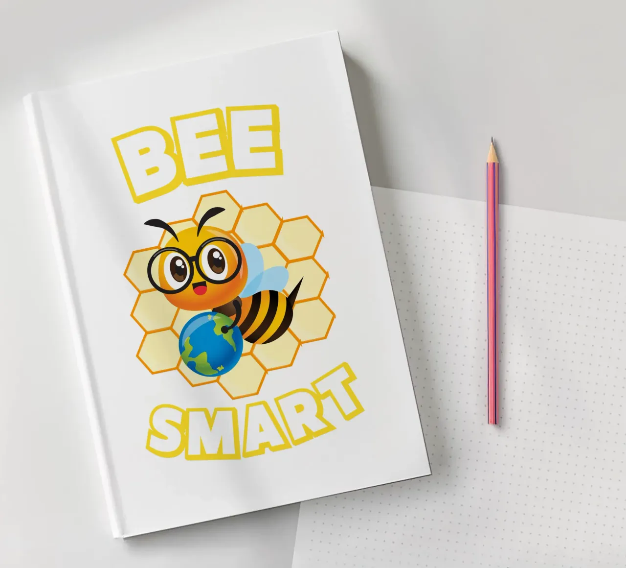 Bee with glasses and globe in front of yellow honeycomb notebook by ArtDesign by KBK