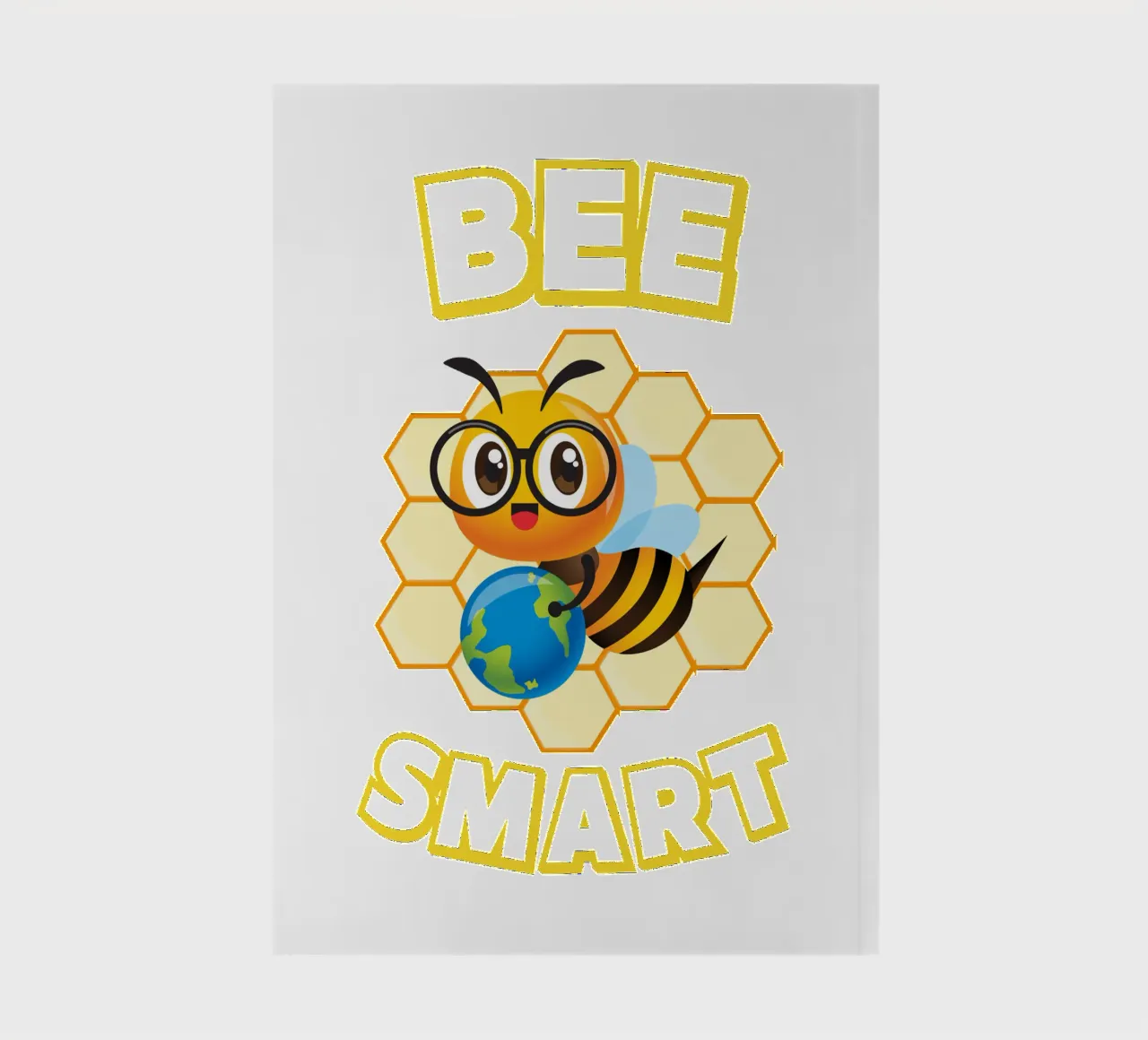 Bee with glasses and globe in front of yellow honeycomb notebook by ArtDesign by KBK