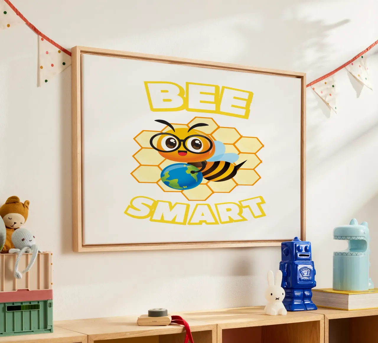 Bee with glasses and globe in front of yellow honeycomb canvas by ArtDesign by KBK