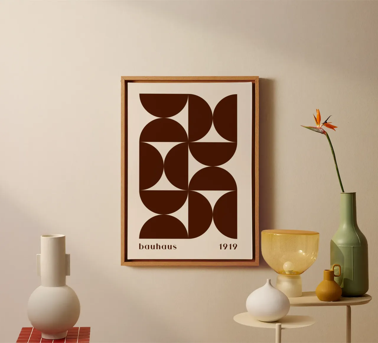 Bauhaus 1919 Geometric Pattern Brown Print canvas with Floater frame by NorwesClub