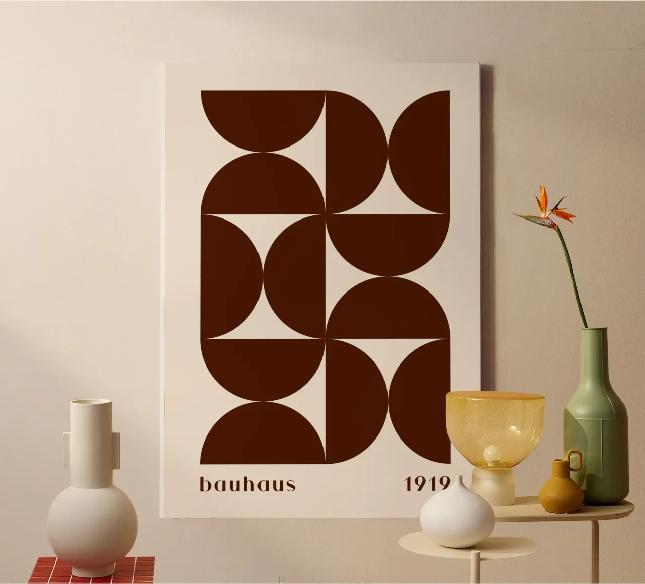 Bauhaus 1919 Geometric Pattern Brown Print canvas with Floater frame by NorwesClub
