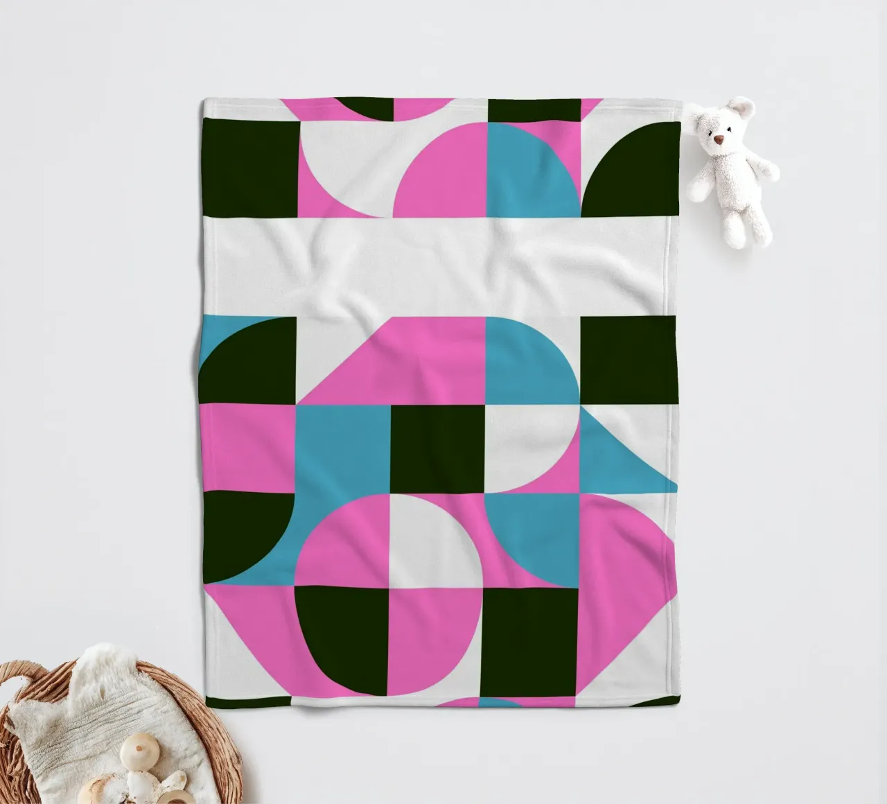 Geometric Pattern Abstract Pink Blue Green Print fleece blanket by NorwesClub