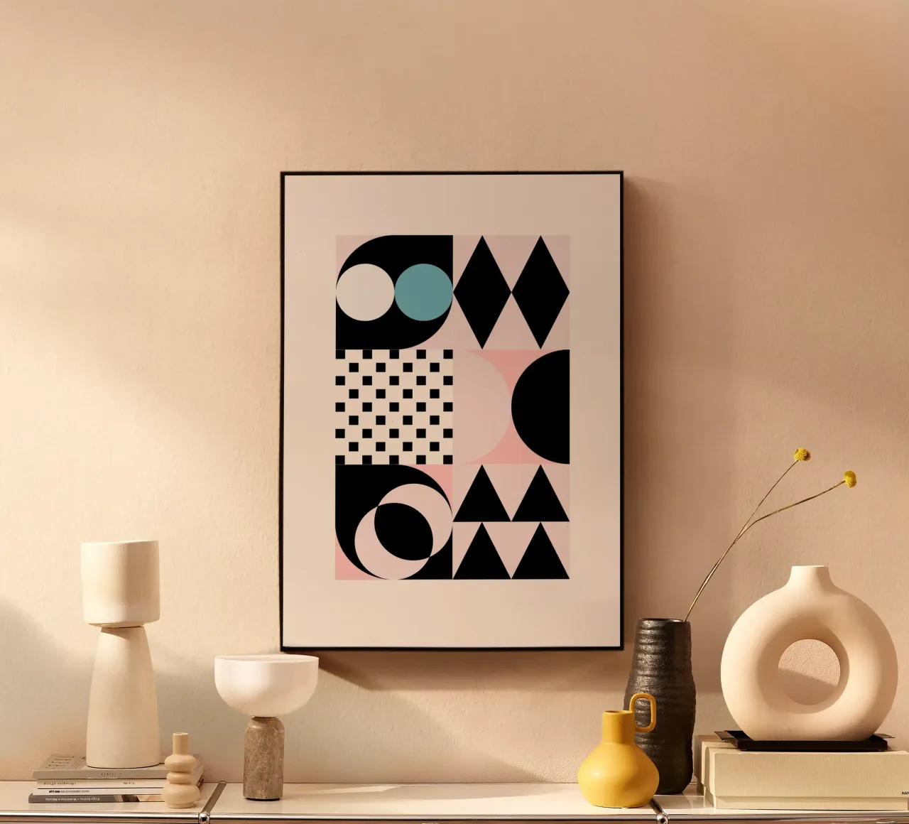 Geometrische abstracte vormen Roze Blauw Zwart Print aluminium-dibond van NorwesClub