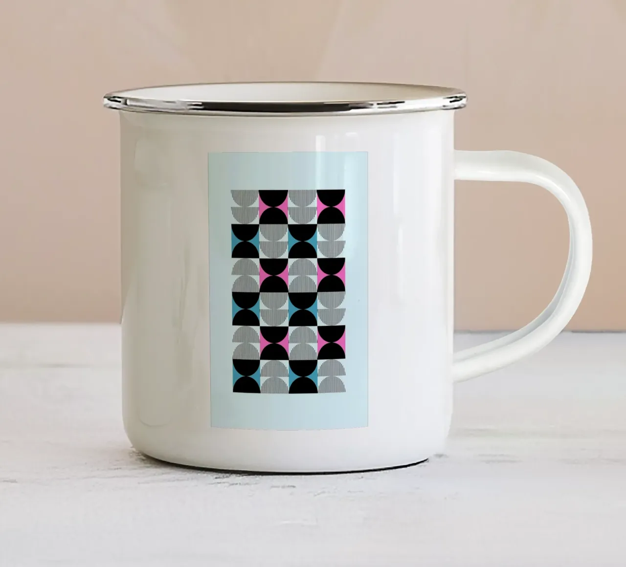 Geometrisch Patroon Abstract Roze Blauw Zwart Print emaille mok van NorwesClub