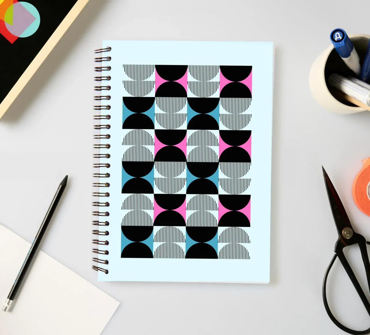 Geometric Pattern Abstract Pink Blue Black Print spiral notebook by NorwesClub