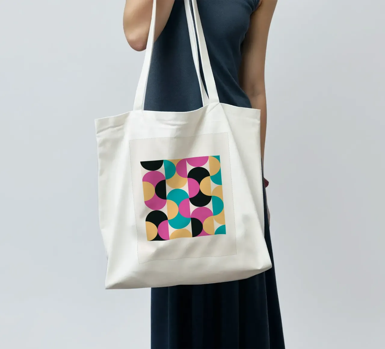 Geometrisch Patroon Abstract Roze Blauw Geel Print jute draagtas van NorwesClub