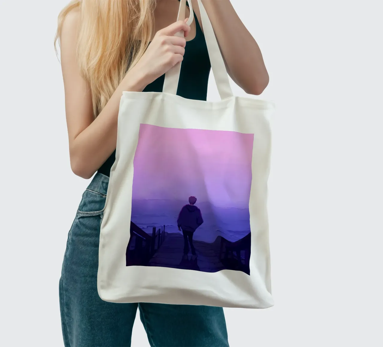 Man Standing At Oceanside Stairs Lofi Art tote bag by LoFi Gallery