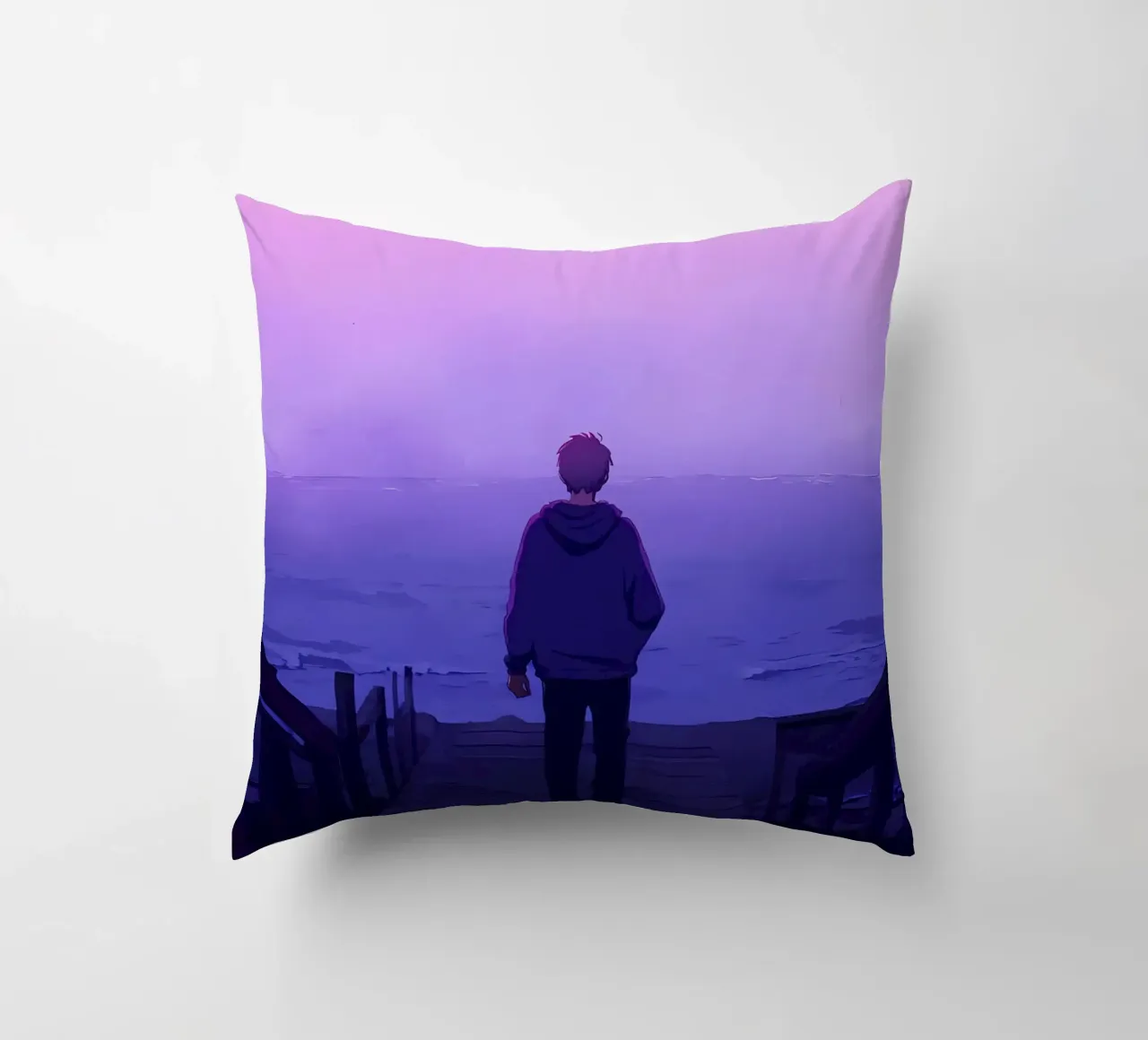 Homme debout devant un escalier au bord de l'océan Lofi Art coussin de LoFi Gallery