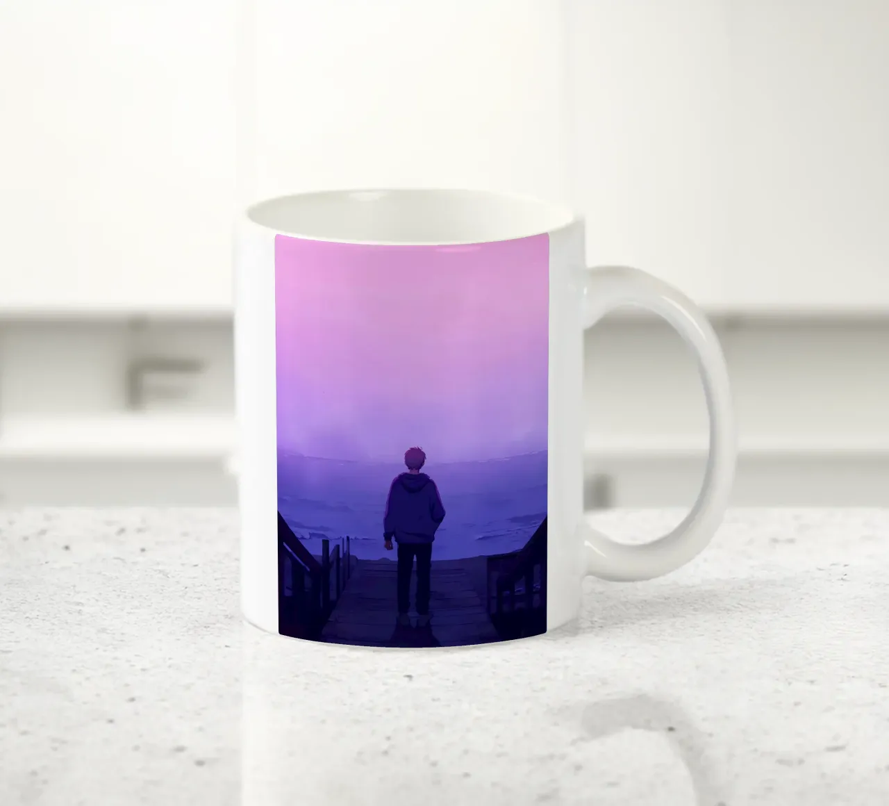 Man die zich bij de trap van Oceanside bevindt Lofi Art keramische mok van LoFi Gallery