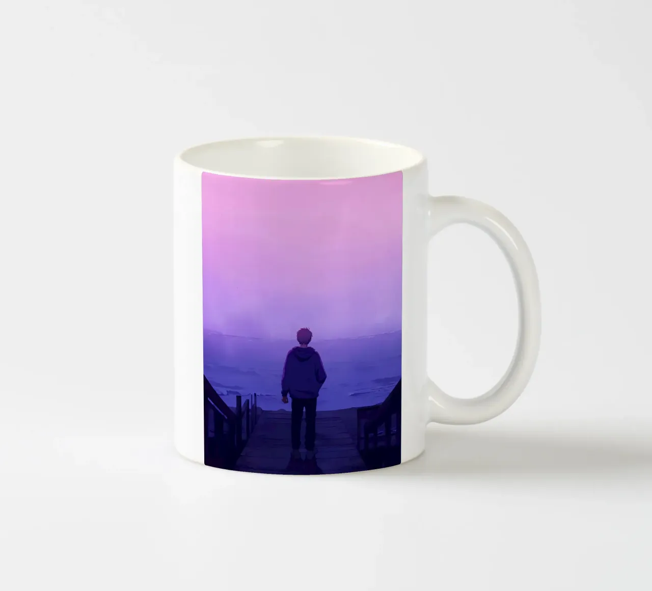 Man die zich bij de trap van Oceanside bevindt Lofi Art keramische mok van LoFi Gallery