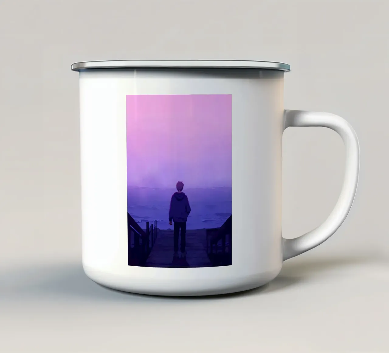 Uomo in piedi alle scale di Oceanside Lofi Art tazza in smalto da LoFi Gallery