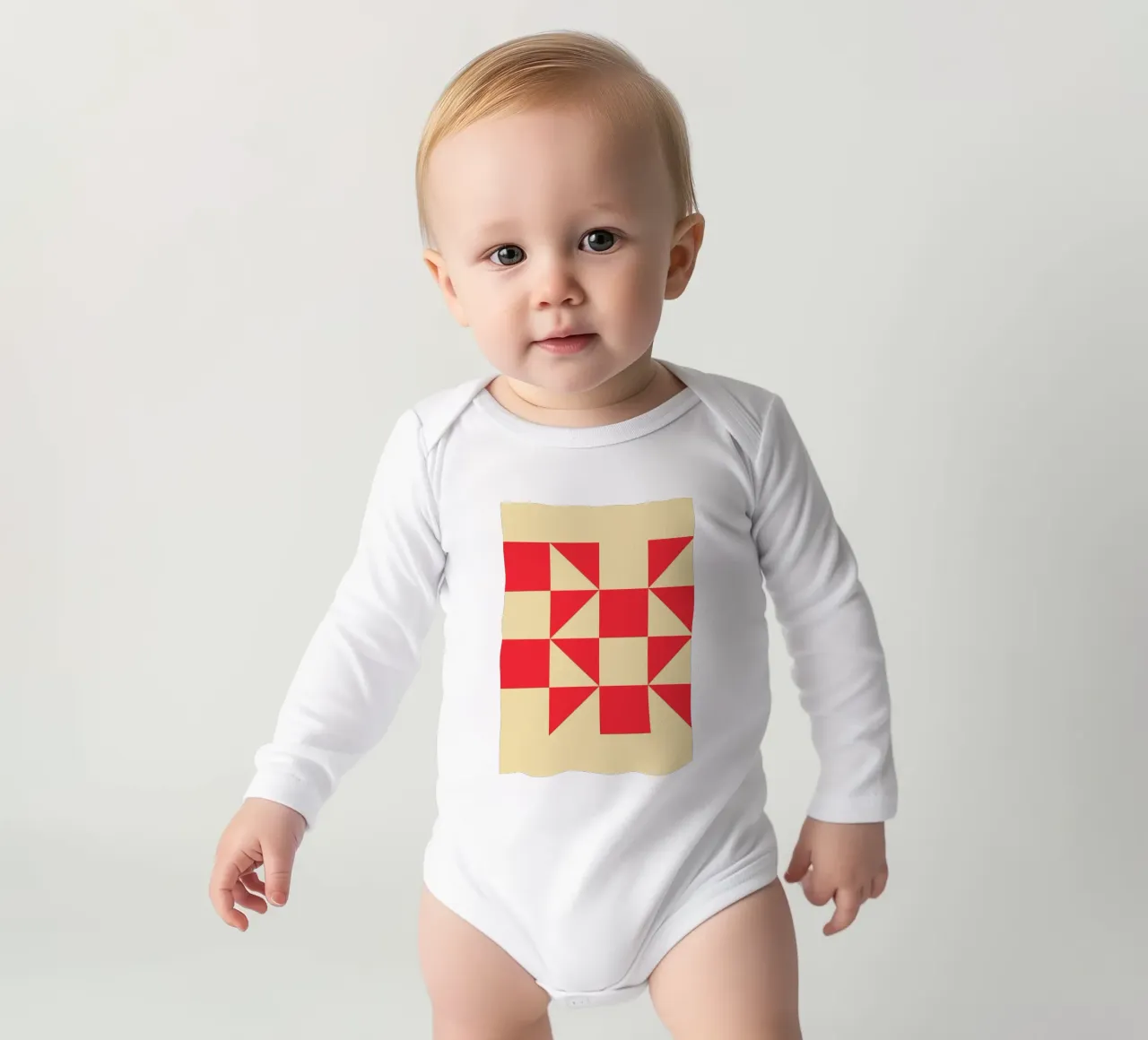 Geometric Red Square Triangle Pattern Art long-sleeve baby romper by NorwesClub