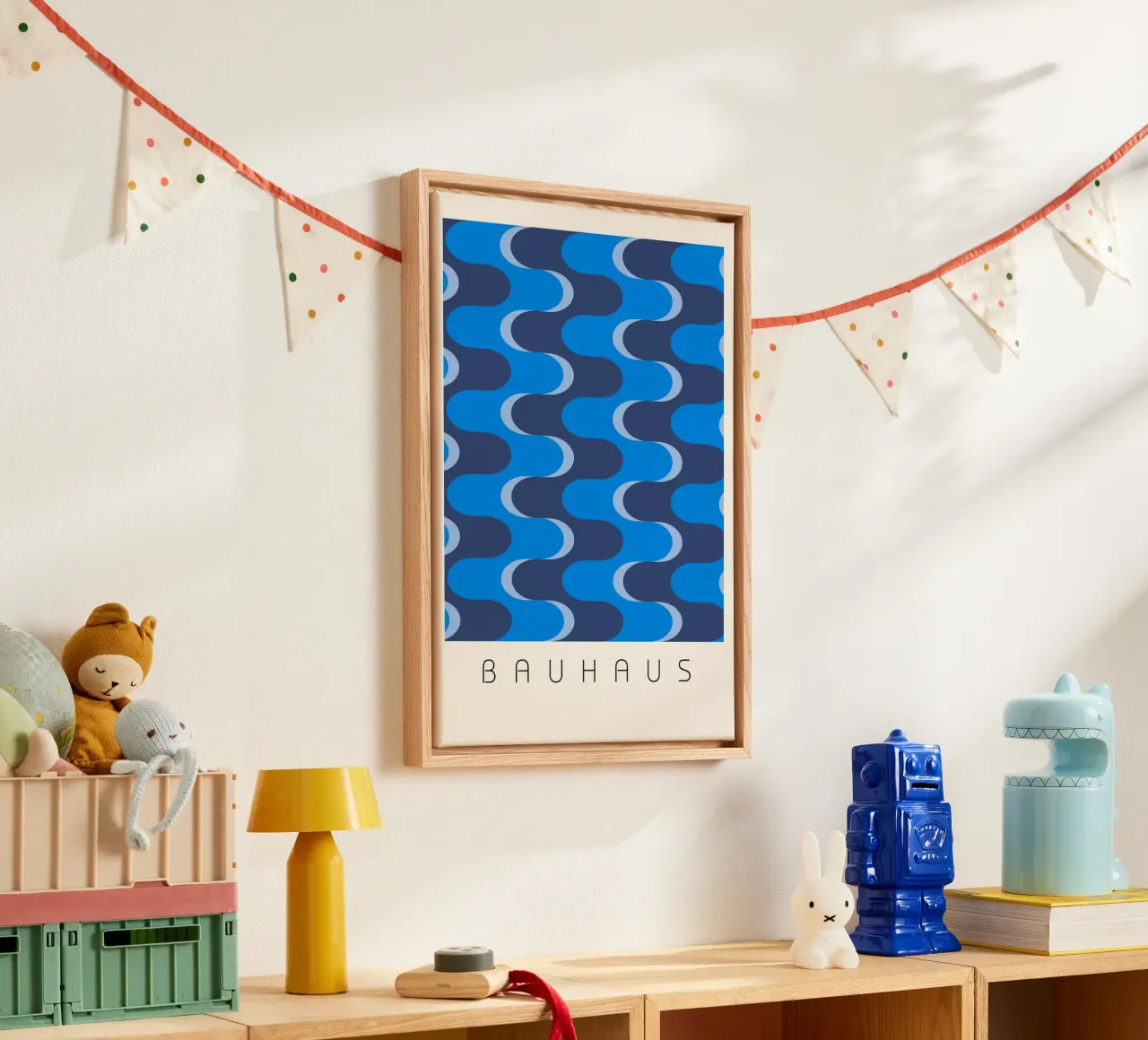 Bauhaus Style Abstract Blue Wavy Pattern Art canvas with Floater frame by NorwesClub