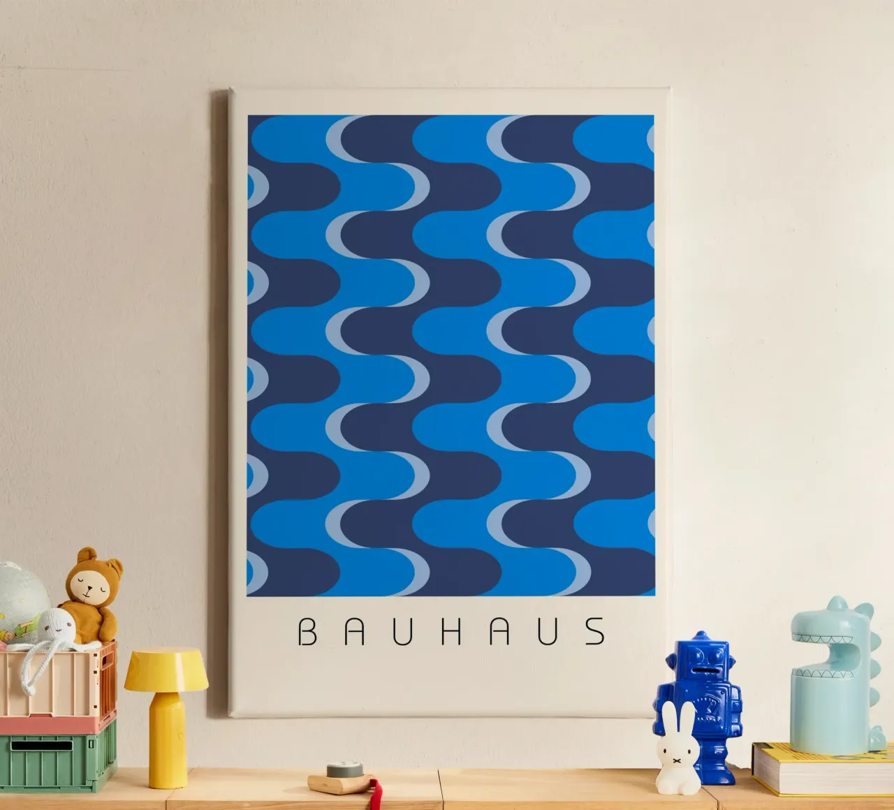Bauhaus Style Abstract Blue Wavy Pattern Art canvas with Floater frame by NorwesClub