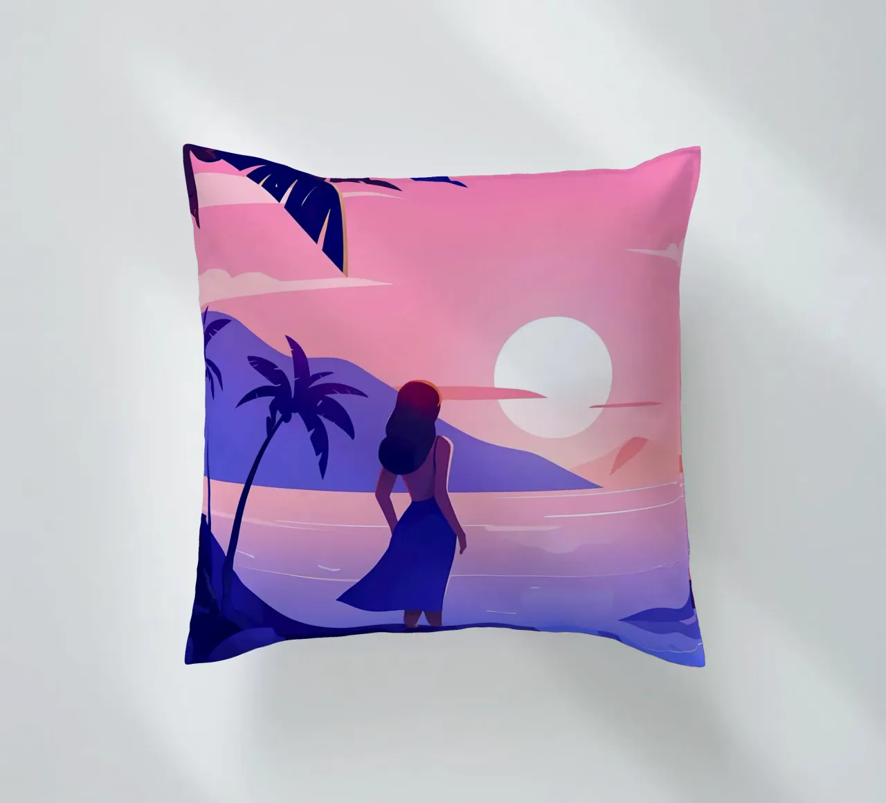 Ragazza che guarda l'alba sulla spiaggia Lofi Art cuscino da LoFi Gallery