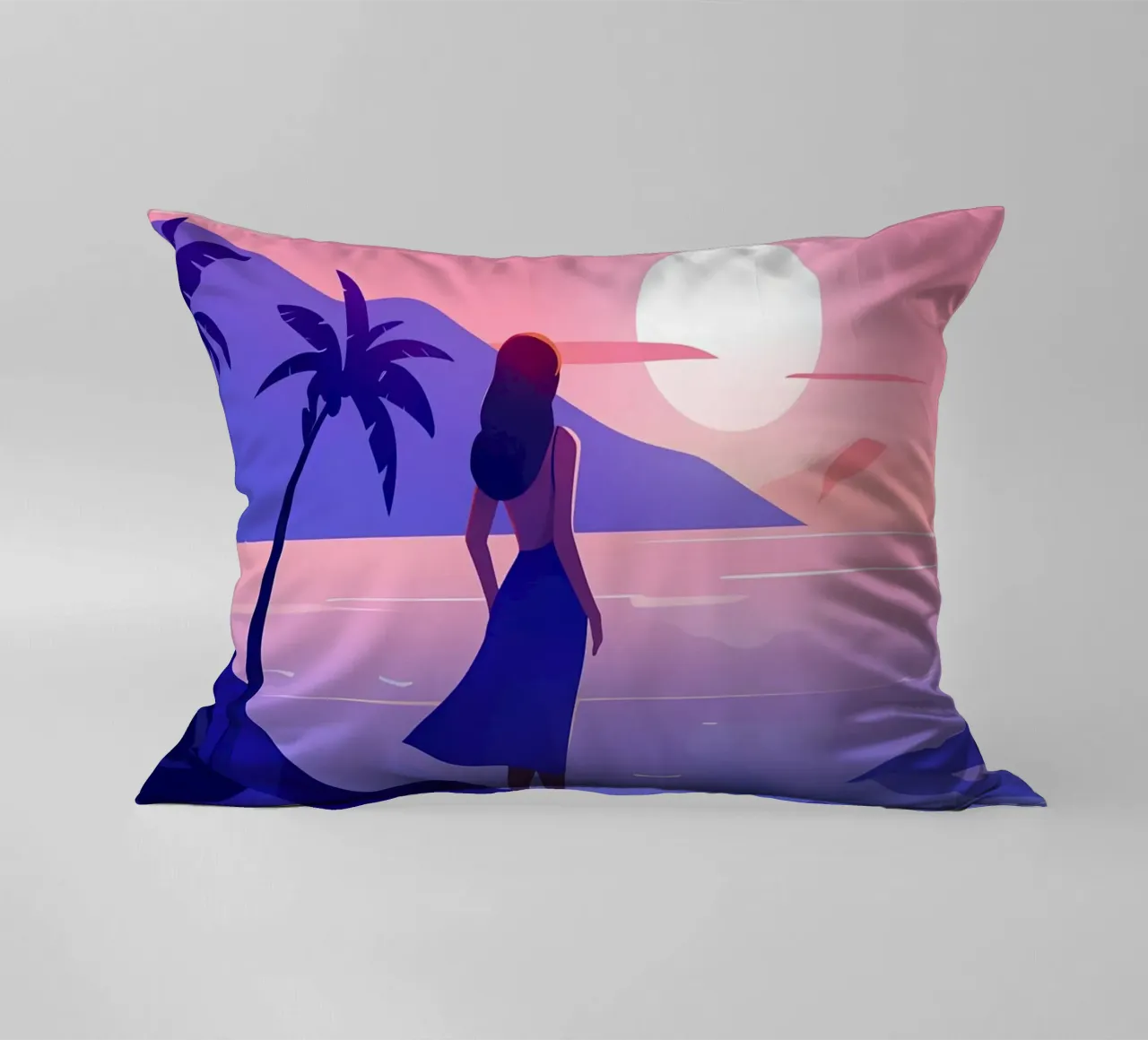 Ragazza che guarda l'alba sulla spiaggia Lofi Art cuscino da LoFi Gallery