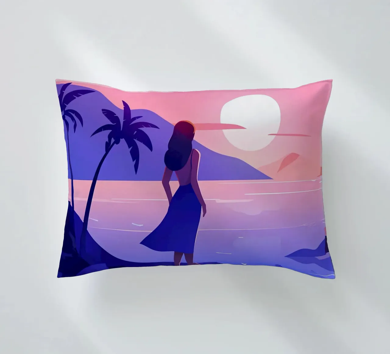 Ragazza che guarda l'alba sulla spiaggia Lofi Art cuscino da LoFi Gallery