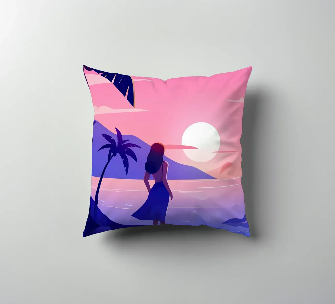 Ragazza che guarda l'alba sulla spiaggia Lofi Art cuscino da LoFi Gallery