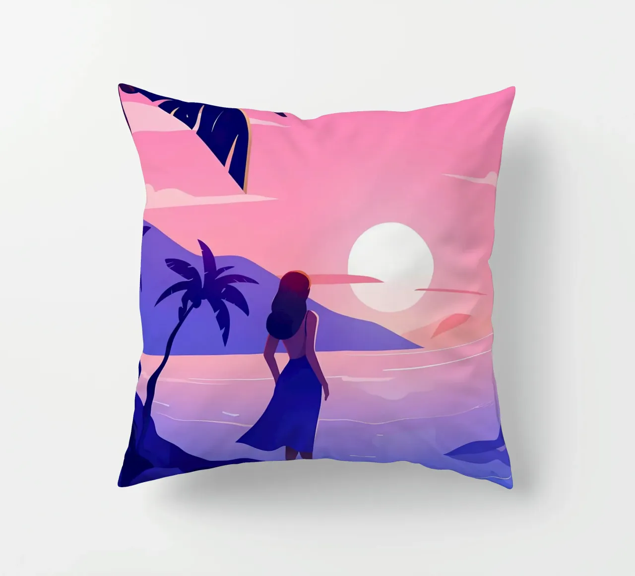 Ragazza che guarda l'alba sulla spiaggia Lofi Art cuscino da LoFi Gallery