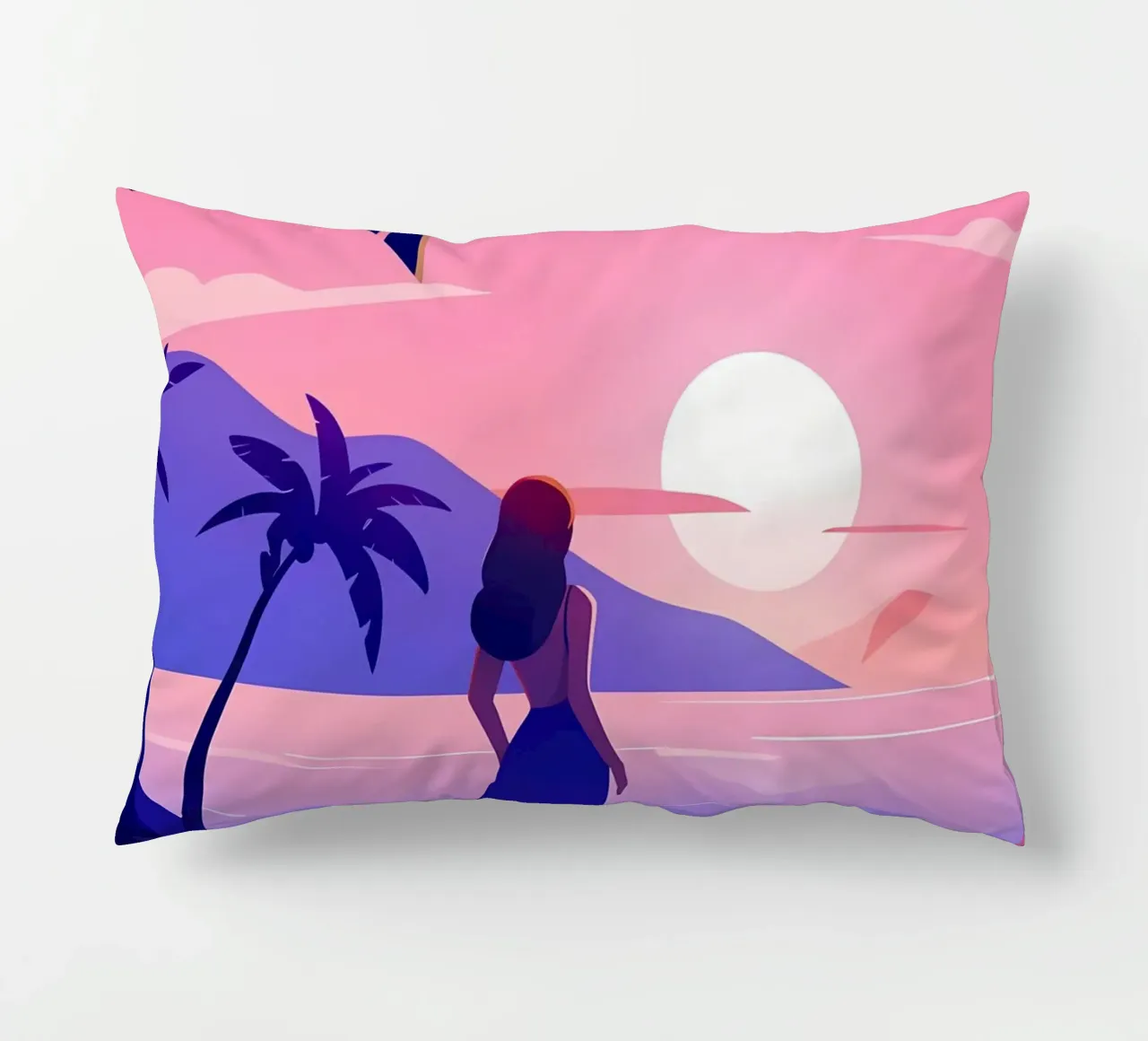 Ragazza che guarda l'alba sulla spiaggia Lofi Art cuscino da LoFi Gallery