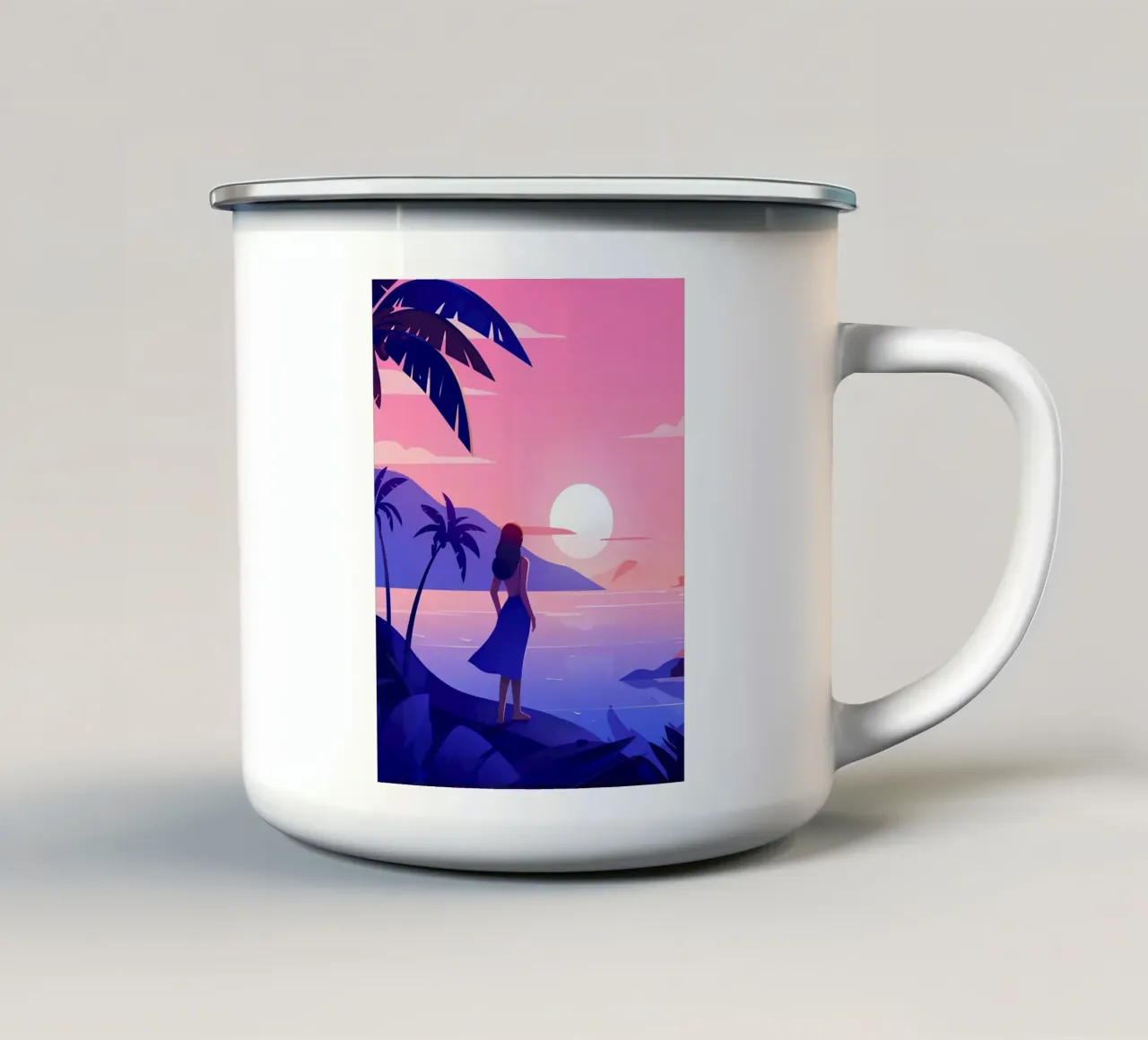 Ragazza che guarda l'alba sulla spiaggia Lofi Art tazza in smalto da LoFi Gallery
