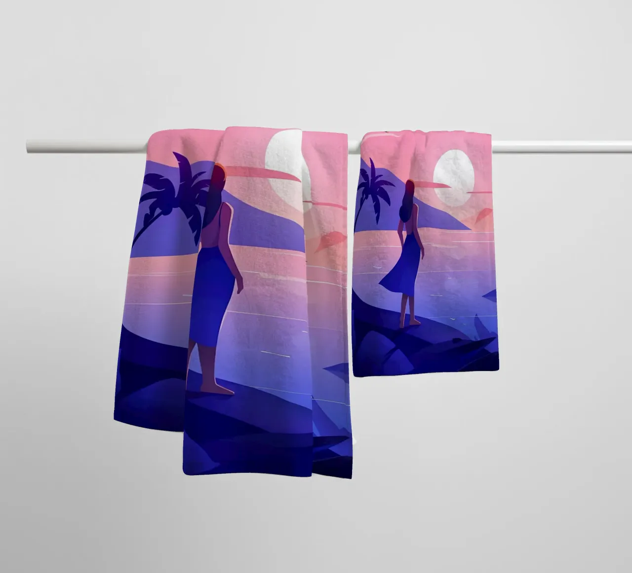 Ragazza che guarda l'alba sulla spiaggia Lofi Art asciugamano da bagno da LoFi Gallery
