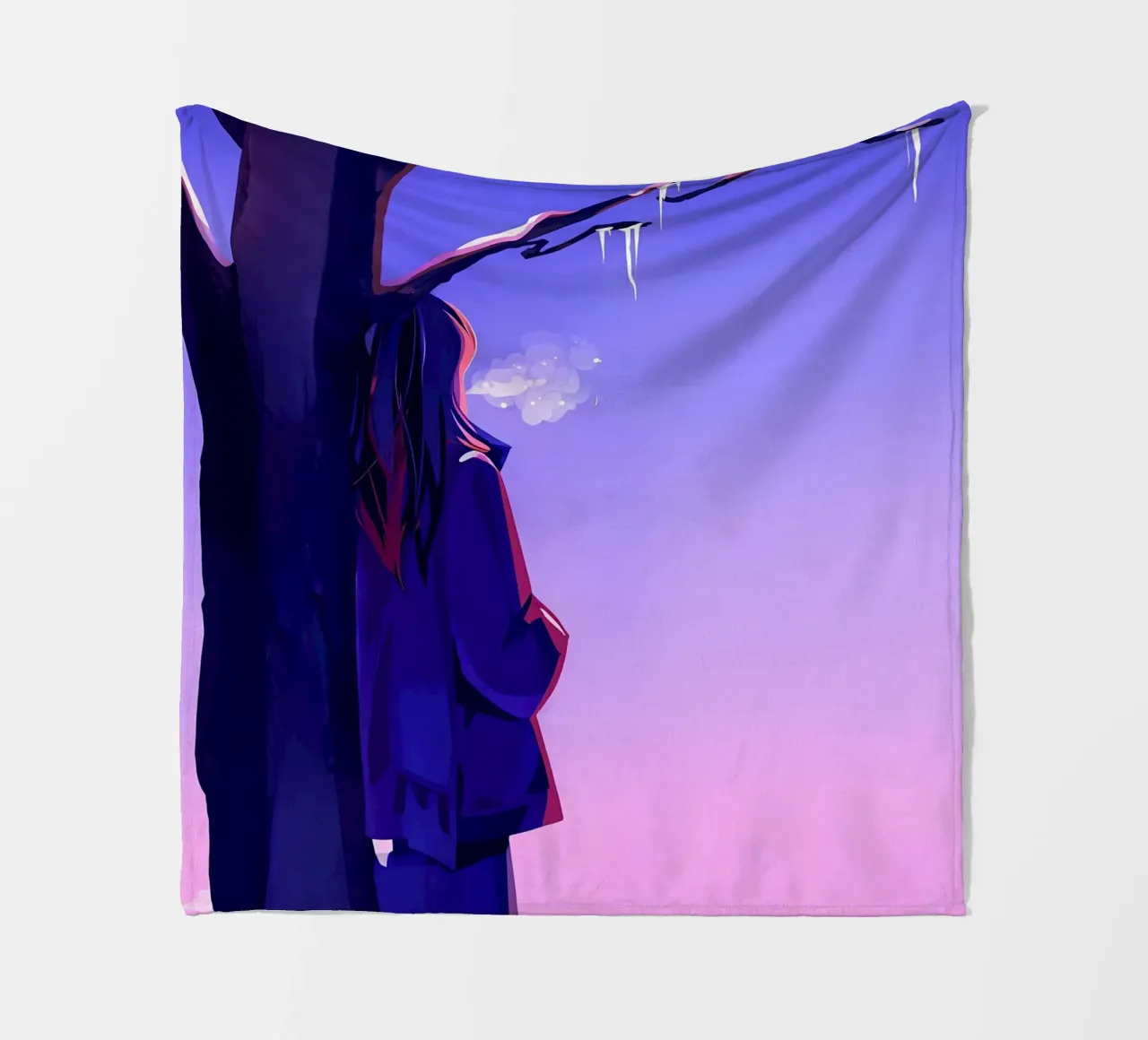 Ragazza in piedi accanto a un albero che guarda il cielo viola Lofi Art coperta in pile da LoFi Gallery