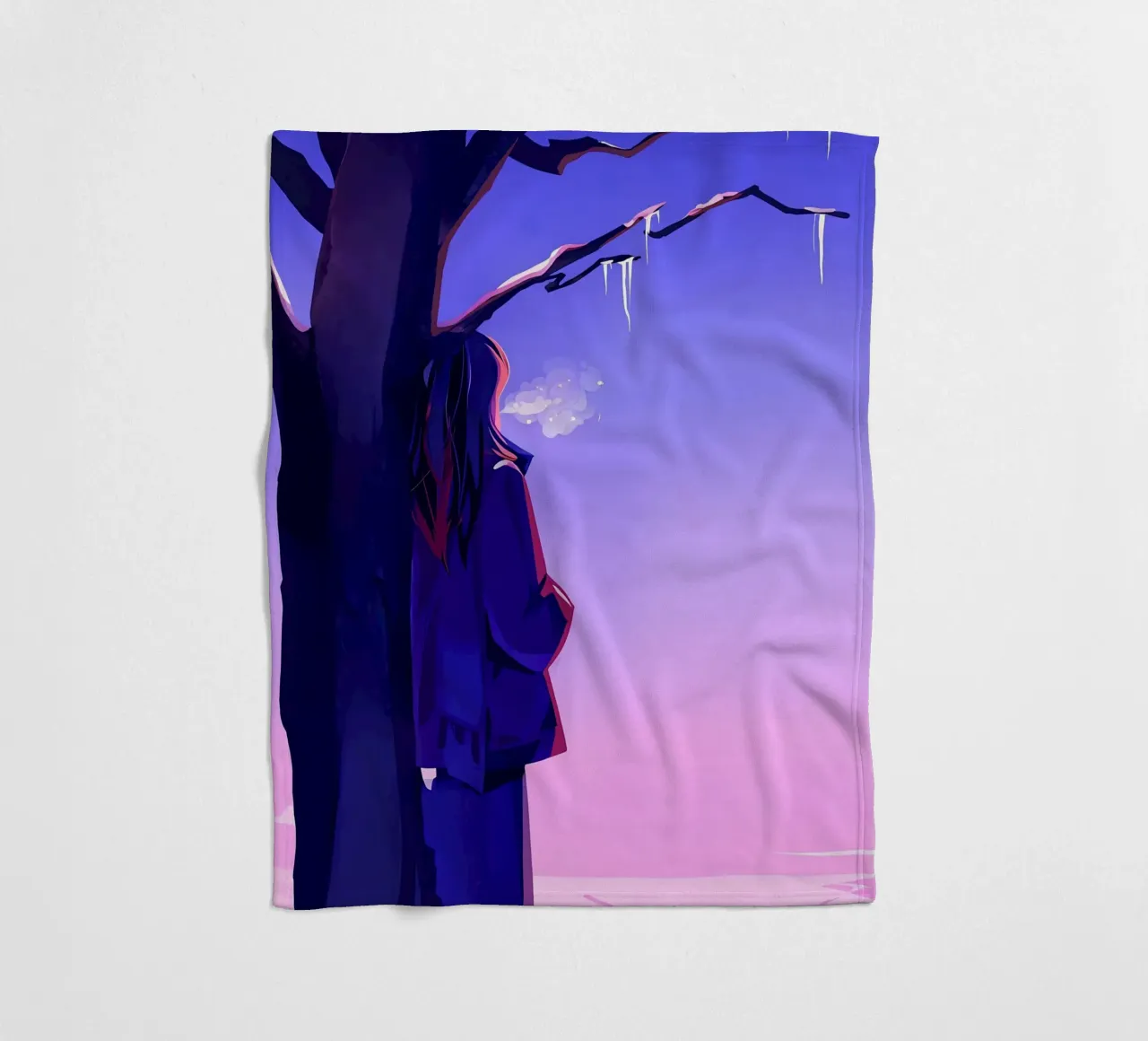 Ragazza in piedi accanto a un albero che guarda il cielo viola Lofi Art coperta in pile da LoFi Gallery
