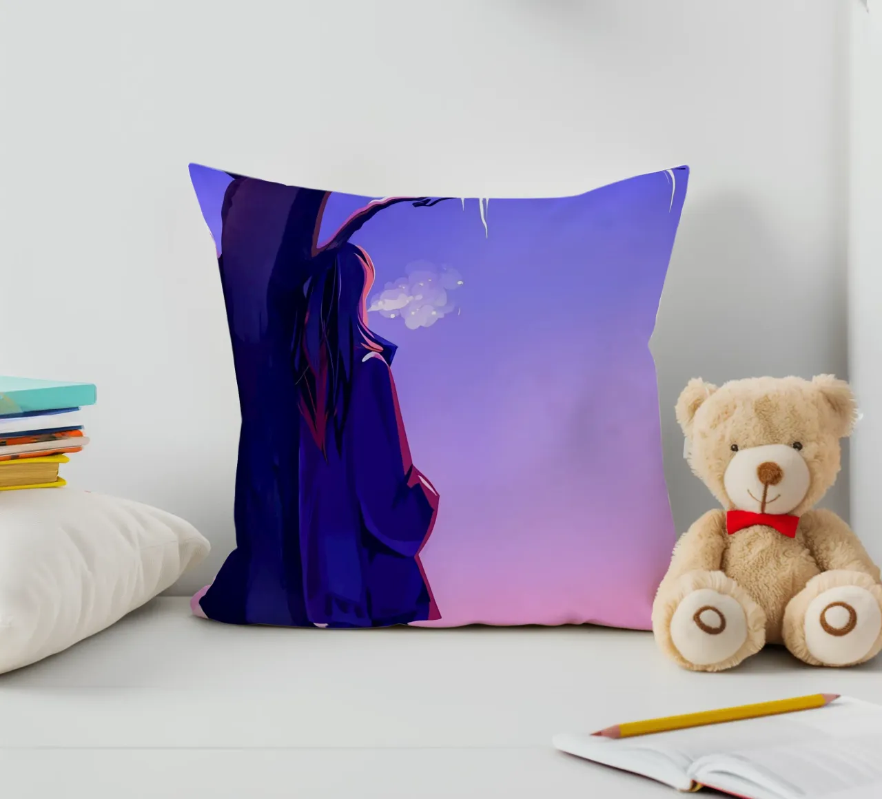 Ragazza in piedi accanto a un albero che guarda il cielo viola Lofi Art cuscino da LoFi Gallery