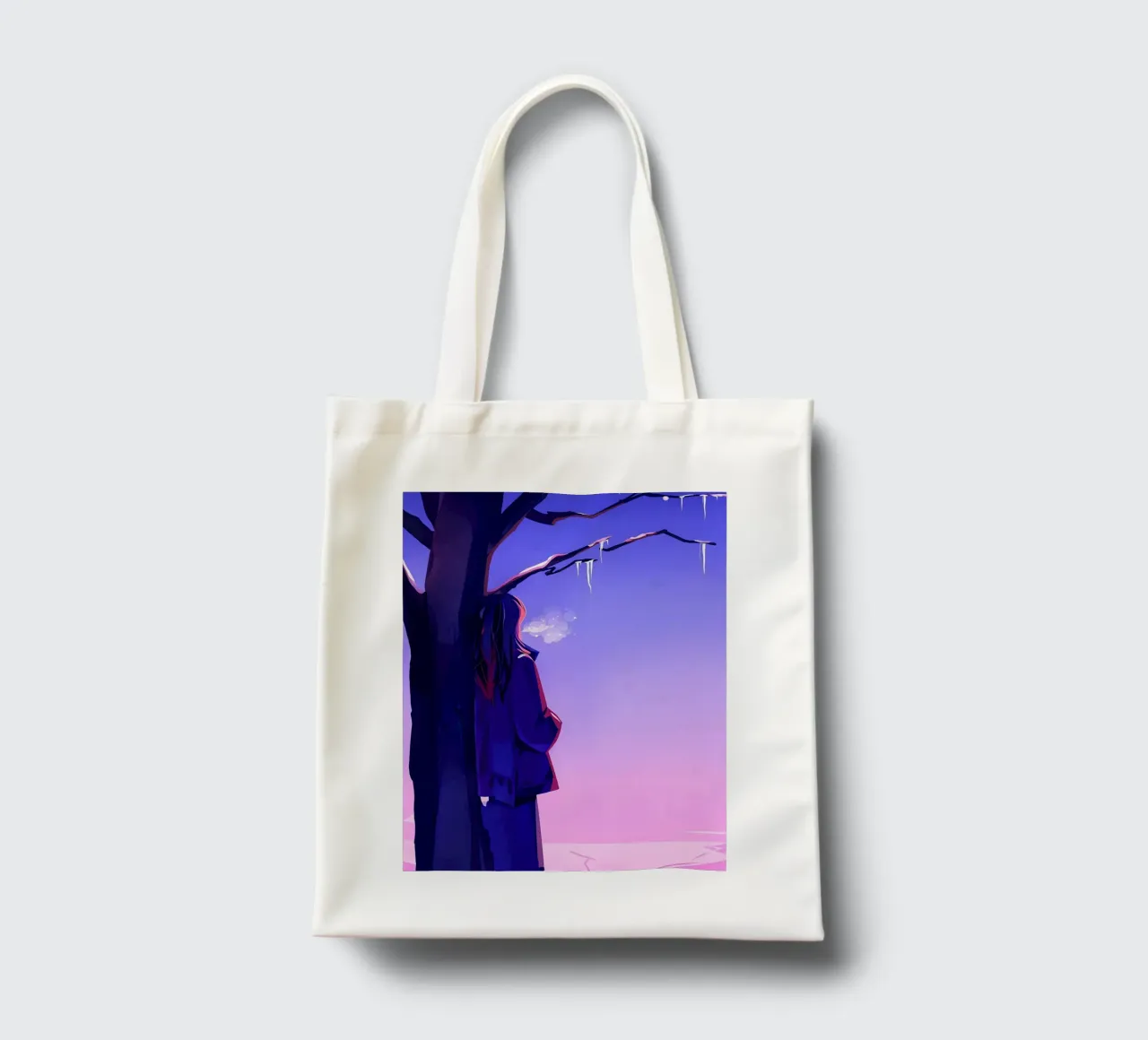 Ragazza in piedi accanto a un albero che guarda il cielo viola Lofi Art borsa in juta da LoFi Gallery