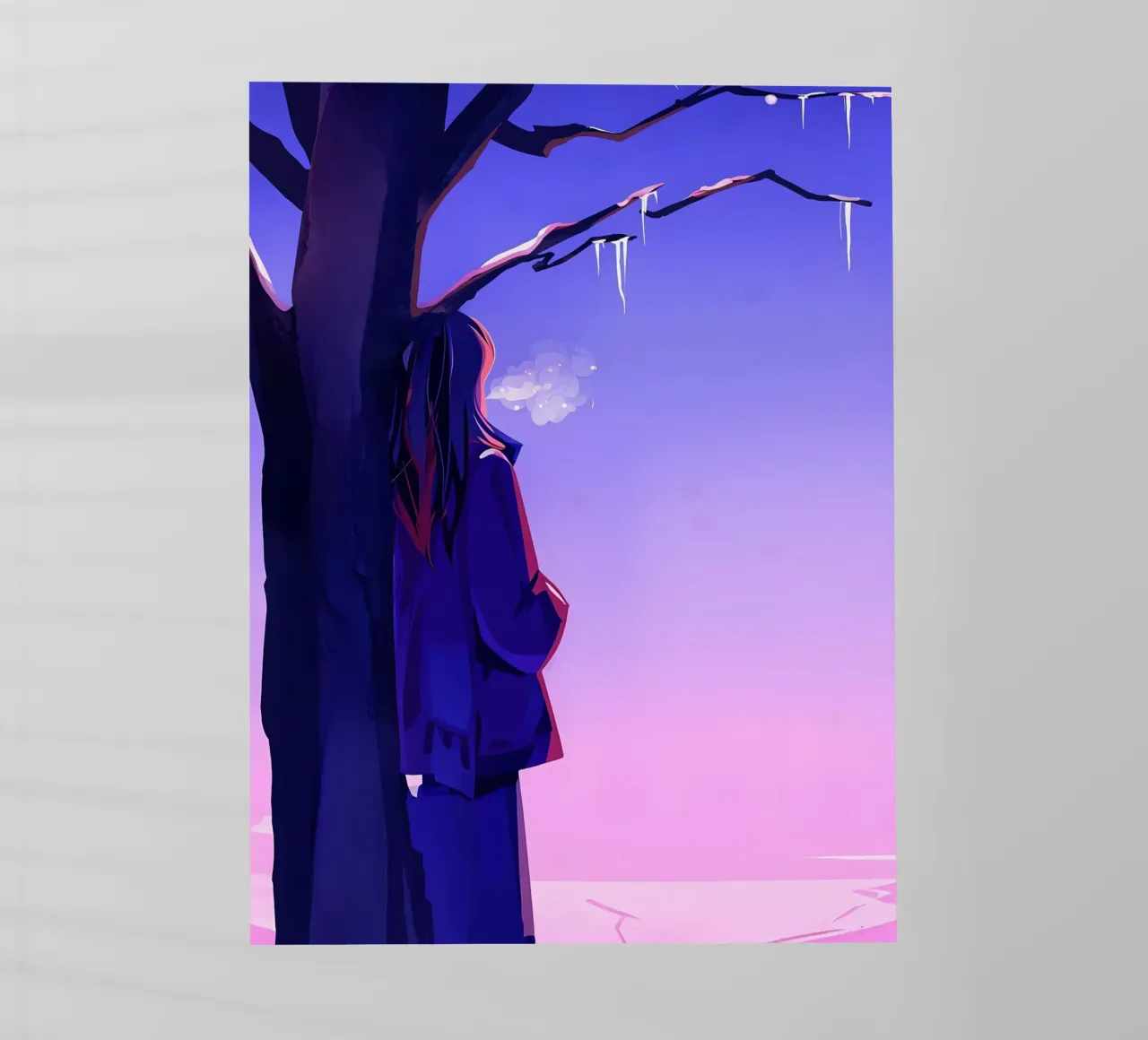 Ragazza in piedi accanto a un albero che guarda il cielo viola Lofi Art pellicola backlit da LoFi Gallery