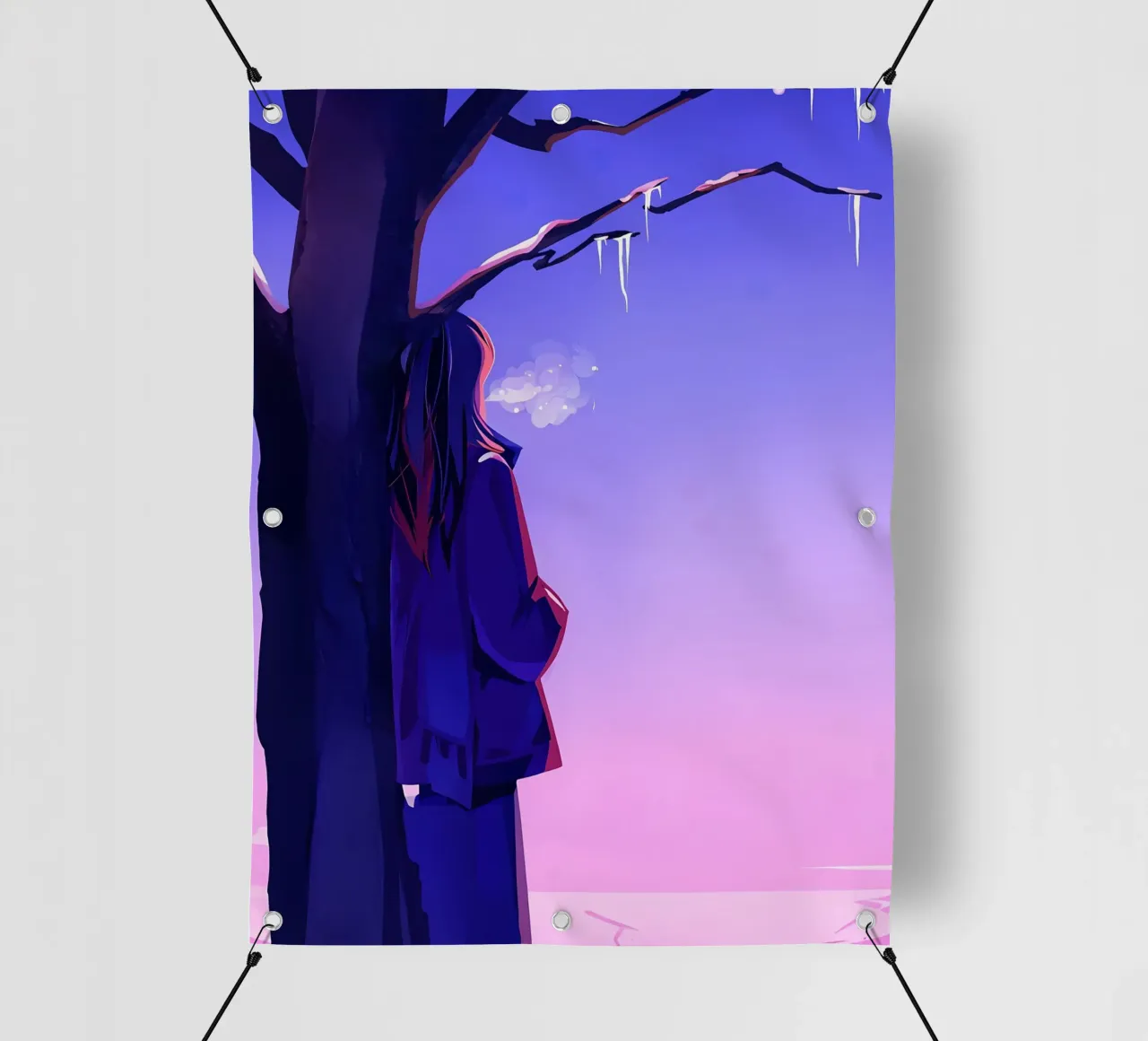 Ragazza in piedi accanto a un albero che guarda il cielo viola Lofi Art telo in pvc da LoFi Gallery