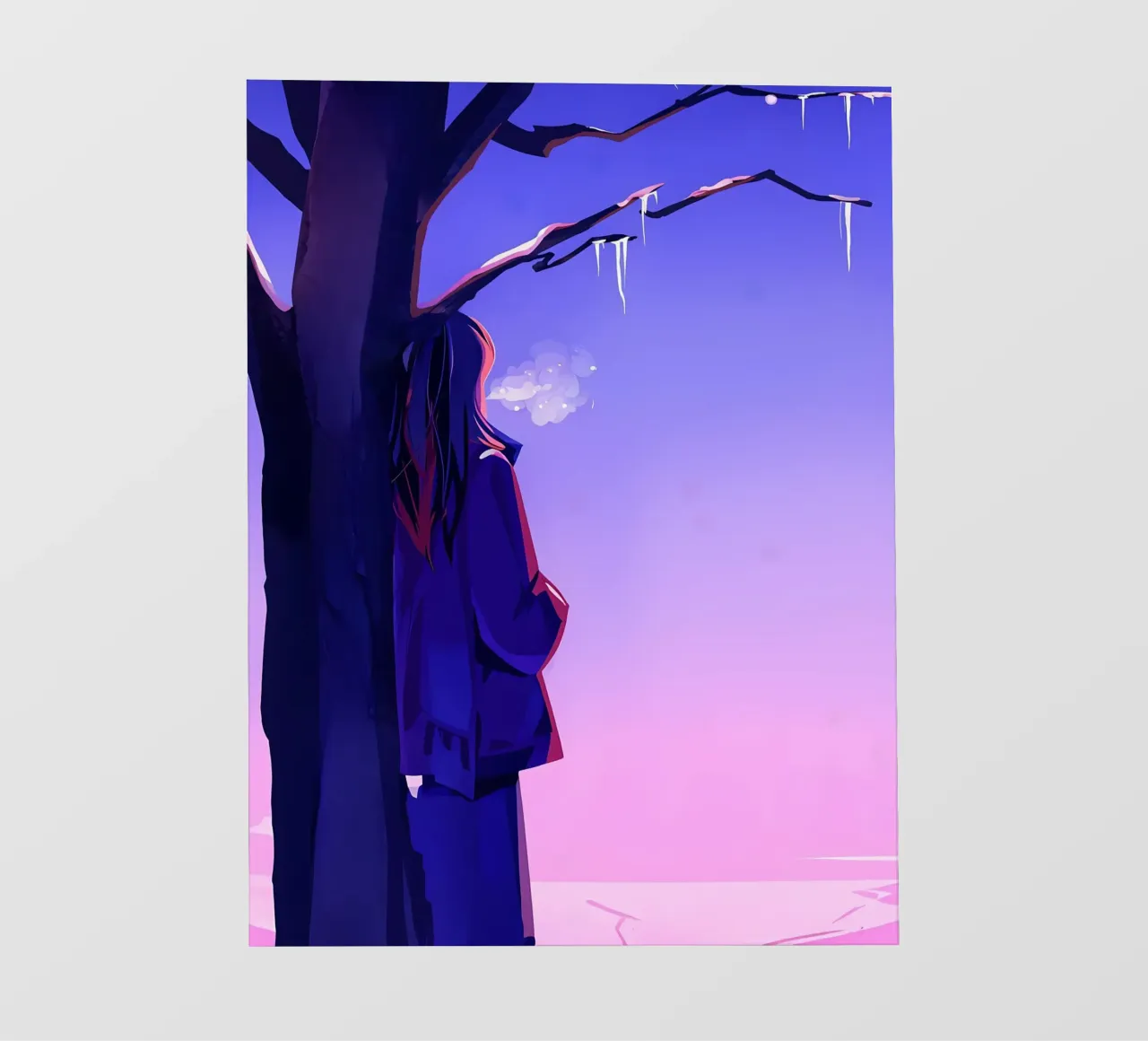 Ragazza in piedi accanto a un albero che guarda il cielo viola Lofi Art telo in pvc da LoFi Gallery