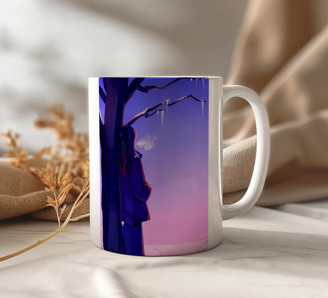 Ragazza in piedi accanto a un albero che guarda il cielo viola Lofi Art tazza in ceramica da LoFi Gallery