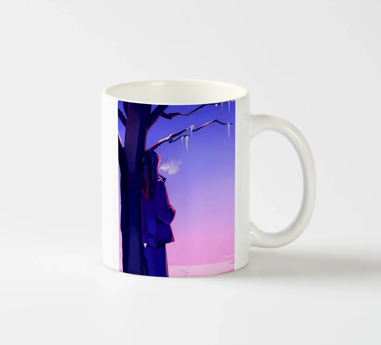 Ragazza in piedi accanto a un albero che guarda il cielo viola Lofi Art tazza in ceramica da LoFi Gallery