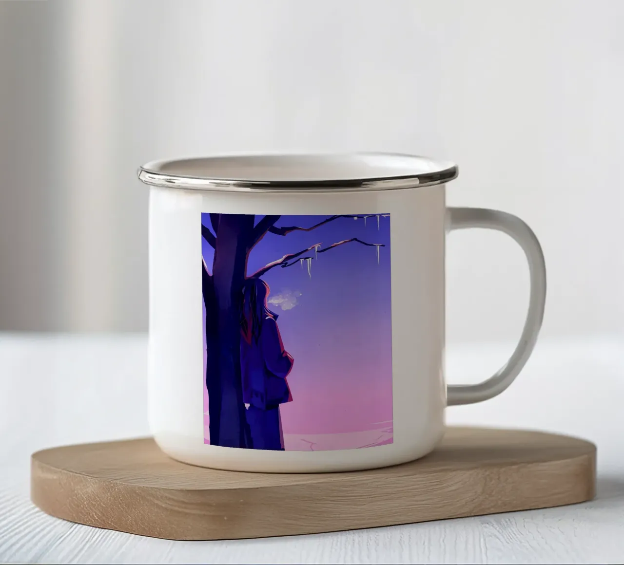 Ragazza in piedi accanto a un albero che guarda il cielo viola Lofi Art tazza in smalto da LoFi Gallery
