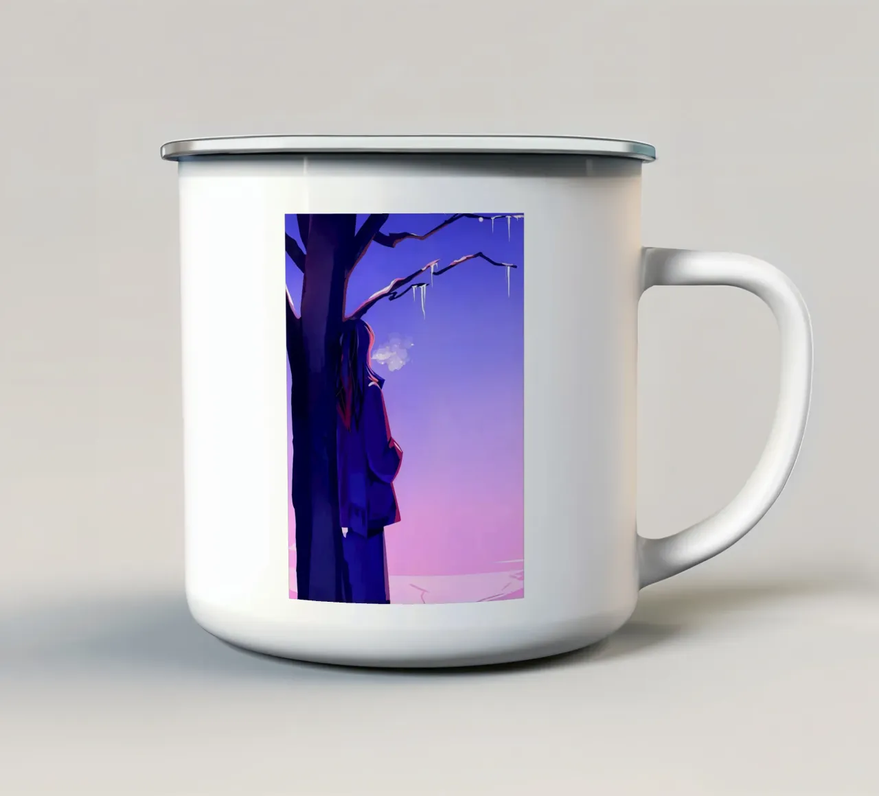 Ragazza in piedi accanto a un albero che guarda il cielo viola Lofi Art tazza in smalto da LoFi Gallery