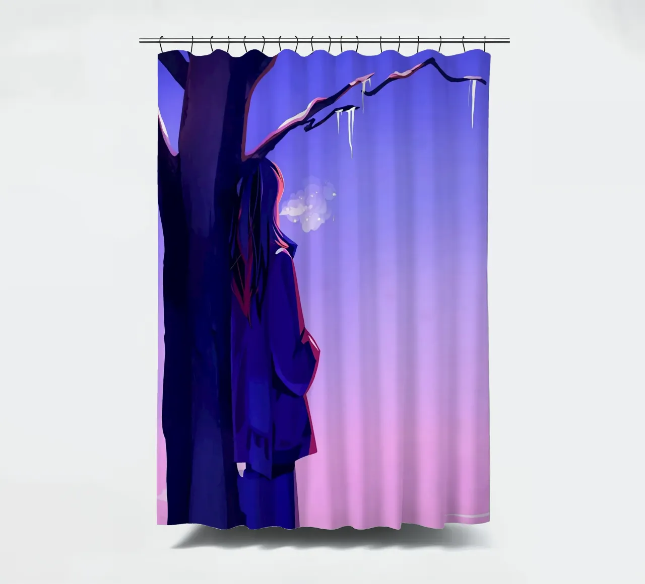 Ragazza in piedi accanto a un albero che guarda il cielo viola Lofi Art tenda da doccia da LoFi Gallery