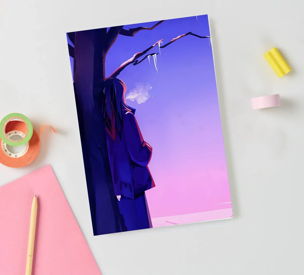 Ragazza in piedi accanto a un albero che guarda il cielo viola Lofi Art diario da LoFi Gallery