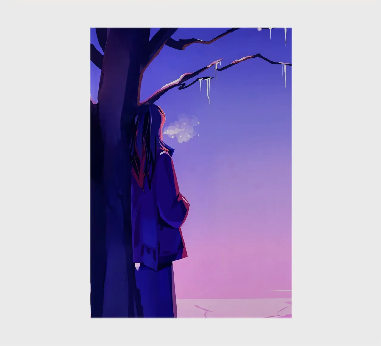 Ragazza in piedi accanto a un albero che guarda il cielo viola Lofi Art diario da LoFi Gallery